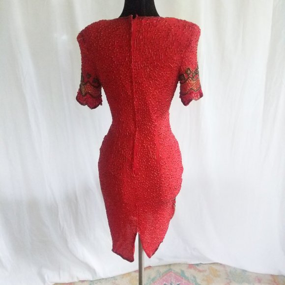 Satan's Secretary Collection | Vintage Women's Red Stenay Cocktail Beaded Dress - Picture 4 of 5